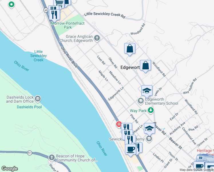 map of restaurants, bars, coffee shops, grocery stores, and more near 212 New England Place in Sewickley