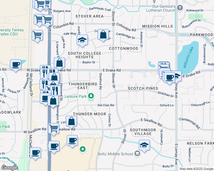 map of restaurants, bars, coffee shops, grocery stores, and more near 2700 Stanford Road in Fort Collins
