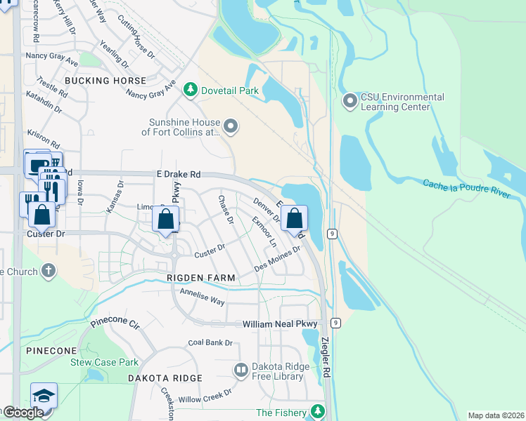 map of restaurants, bars, coffee shops, grocery stores, and more near 2914 Denver Drive in Fort Collins