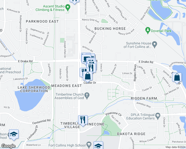 map of restaurants, bars, coffee shops, grocery stores, and more near Illinois Drive in Fort Collins