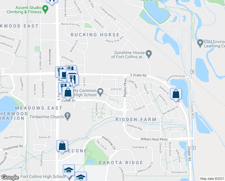 map of restaurants, bars, coffee shops, grocery stores, and more near 2509 Limon Drive in Fort Collins