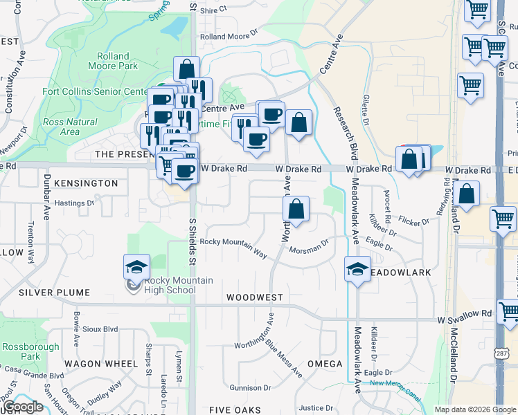 map of restaurants, bars, coffee shops, grocery stores, and more near 819 Winchester Drive in Fort Collins