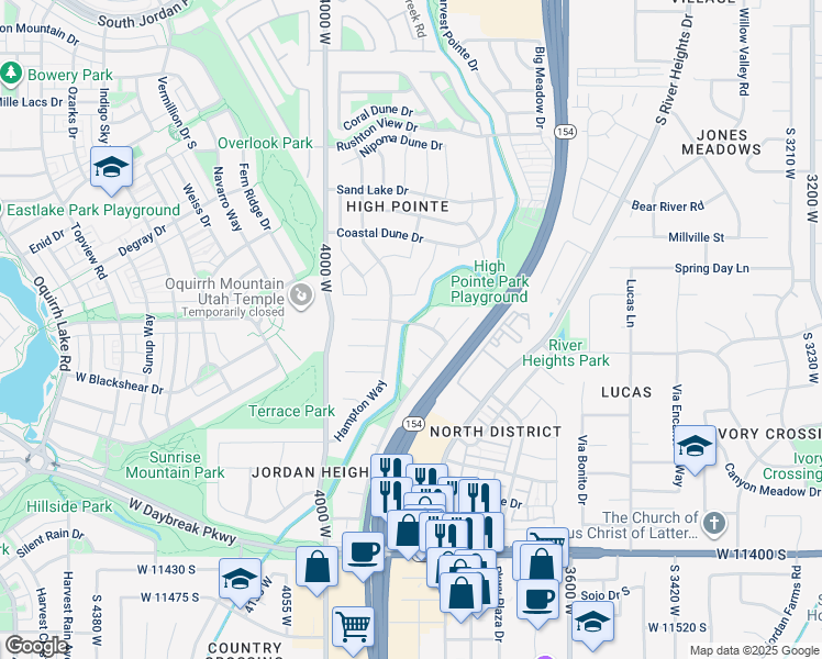 map of restaurants, bars, coffee shops, grocery stores, and more near 3826 Ivey Ranch Road in South Jordan