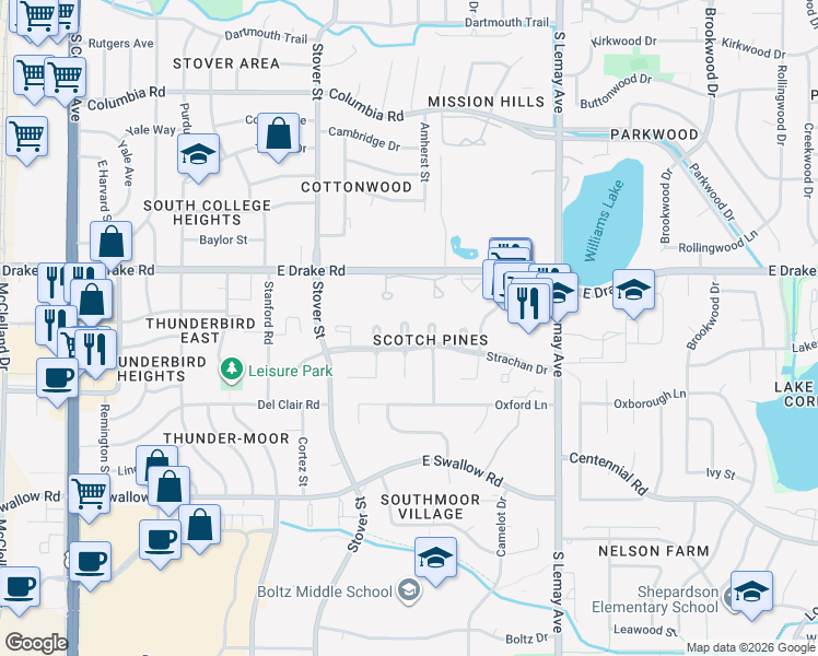 map of restaurants, bars, coffee shops, grocery stores, and more near 2707 Dundee Court in Fort Collins