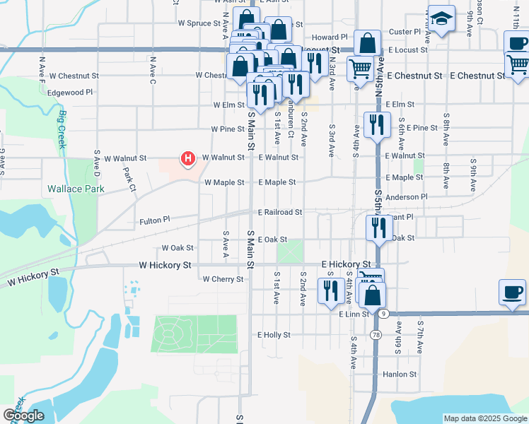 map of restaurants, bars, coffee shops, grocery stores, and more near 1 East Railroad Street in Canton