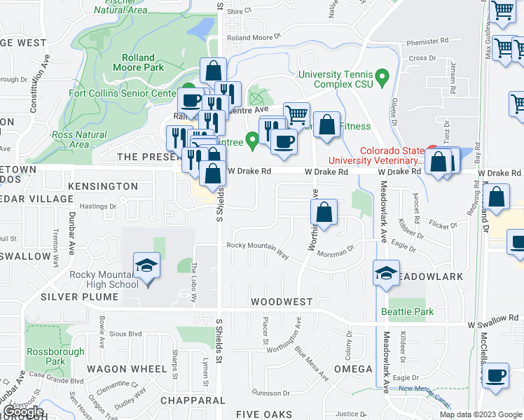 map of restaurants, bars, coffee shops, grocery stores, and more near 2636 Davidson Drive in Fort Collins