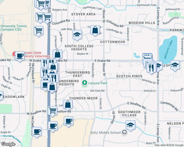 map of restaurants, bars, coffee shops, grocery stores, and more near 2631 Stanford Road in Fort Collins