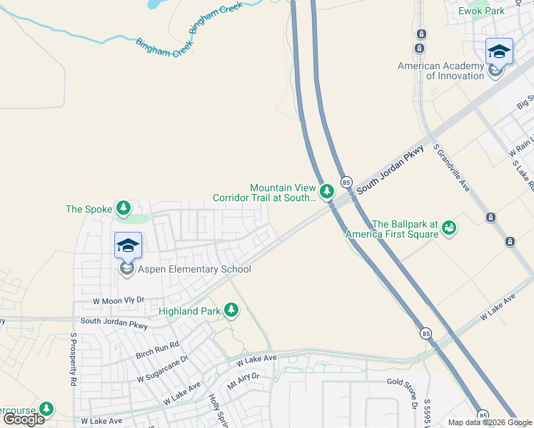 map of restaurants, bars, coffee shops, grocery stores, and more near Kitty Hawk Road in South Jordan