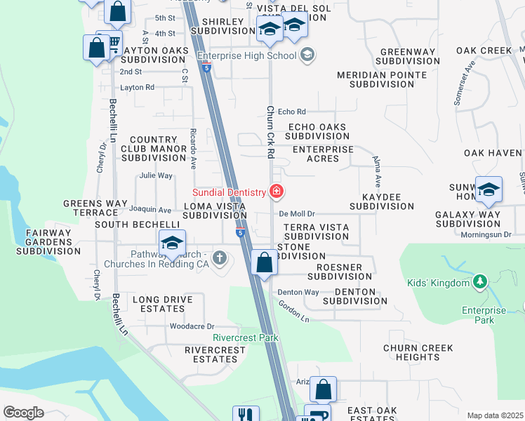 map of restaurants, bars, coffee shops, grocery stores, and more near 950 De Moll Drive in Redding
