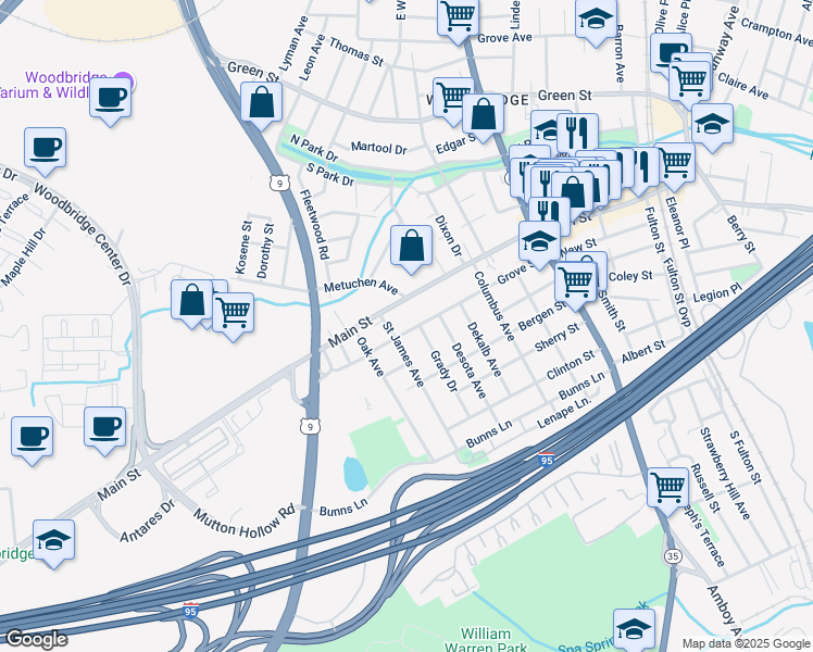 map of restaurants, bars, coffee shops, grocery stores, and more near 250 Grove Street in Woodbridge Township