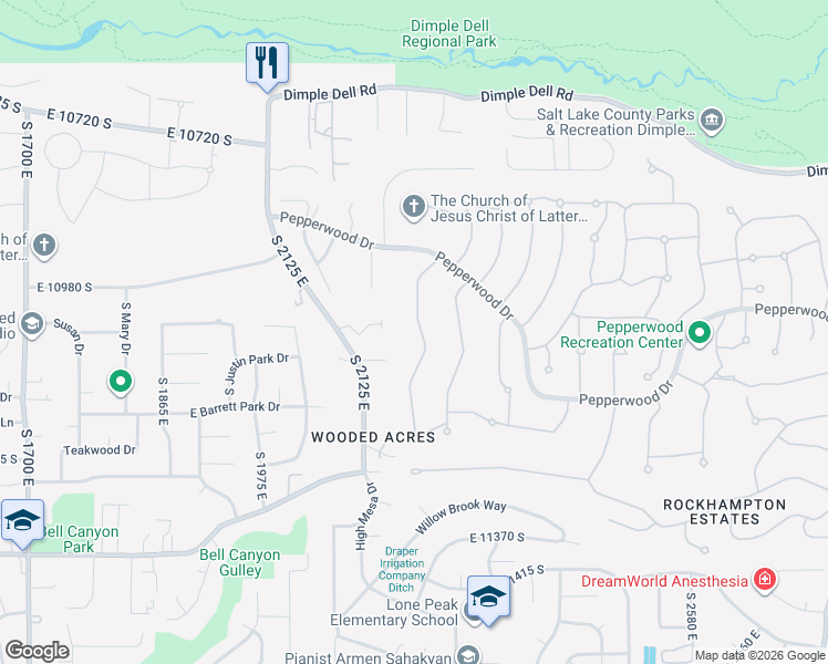 map of restaurants, bars, coffee shops, grocery stores, and more near 7 Rollingwood Lane in Sandy