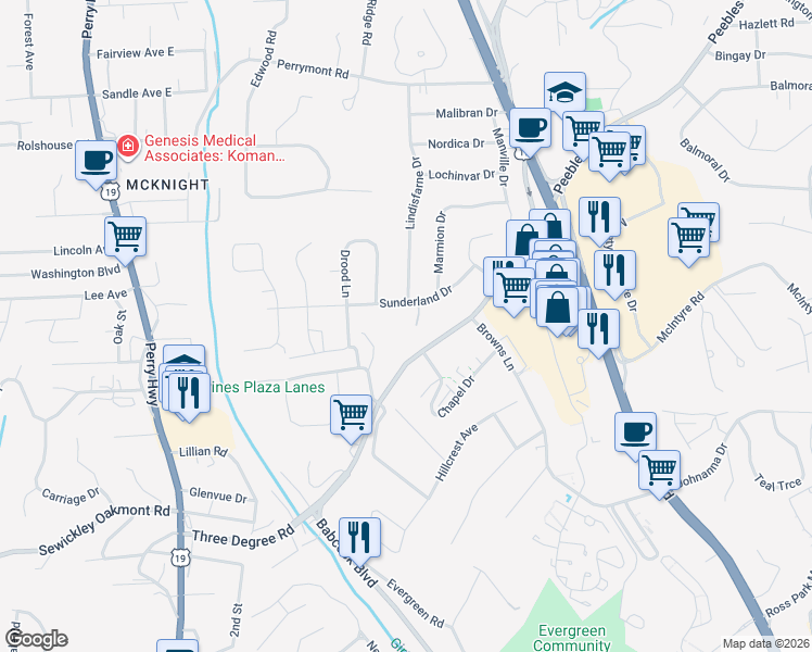map of restaurants, bars, coffee shops, grocery stores, and more near 600 Sunderland Drive in Pittsburgh