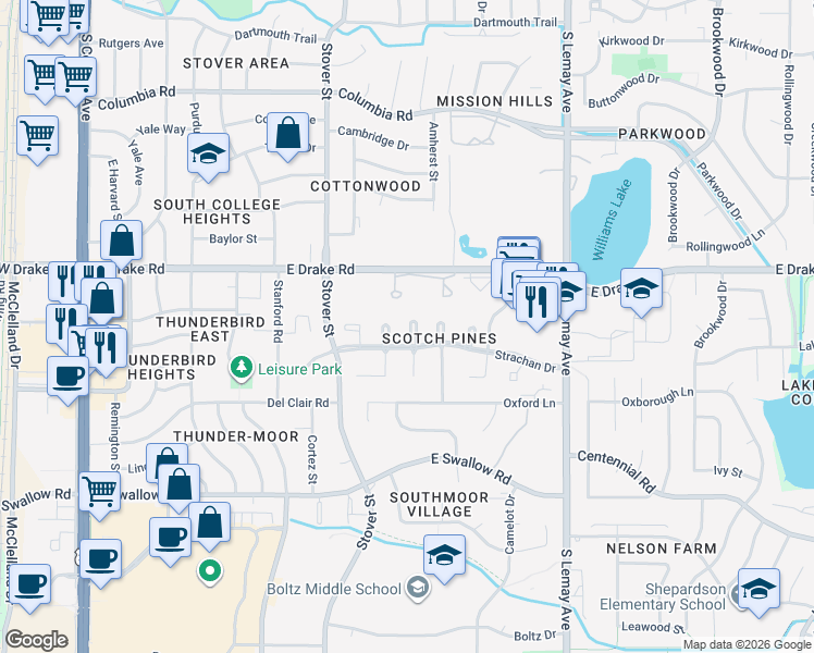 map of restaurants, bars, coffee shops, grocery stores, and more near 2707 Dundee Court in Fort Collins