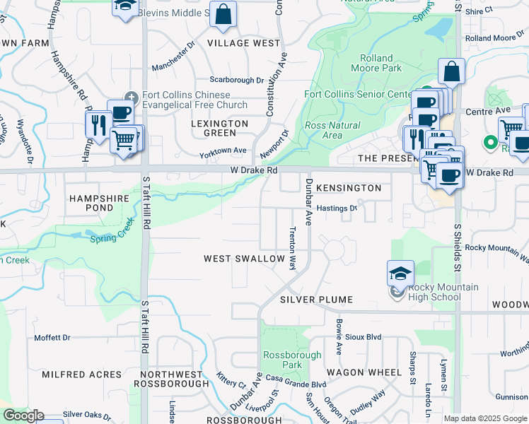 map of restaurants, bars, coffee shops, grocery stores, and more near 2700 Hanover Drive in Fort Collins