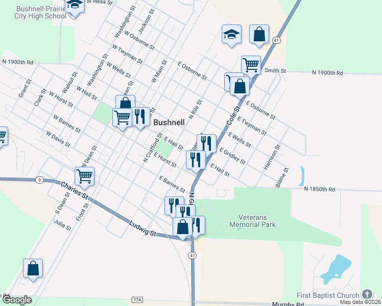 map of restaurants, bars, coffee shops, grocery stores, and more near 500 North Sperry Street in Bushnell