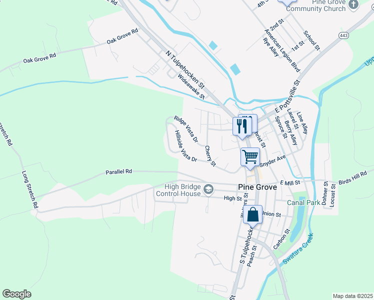 map of restaurants, bars, coffee shops, grocery stores, and more near 17 Hillside Vista Drive in Pine Grove