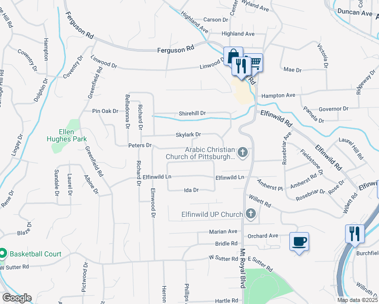 map of restaurants, bars, coffee shops, grocery stores, and more near 131 Peters Drive in Glenshaw