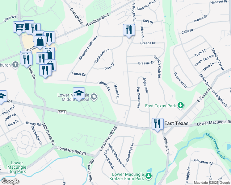 map of restaurants, bars, coffee shops, grocery stores, and more near 1430 Mashie Drive in Wescosville