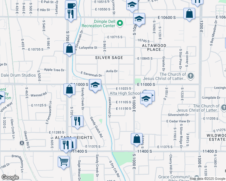 map of restaurants, bars, coffee shops, grocery stores, and more near 888 East 11025 South in Sandy