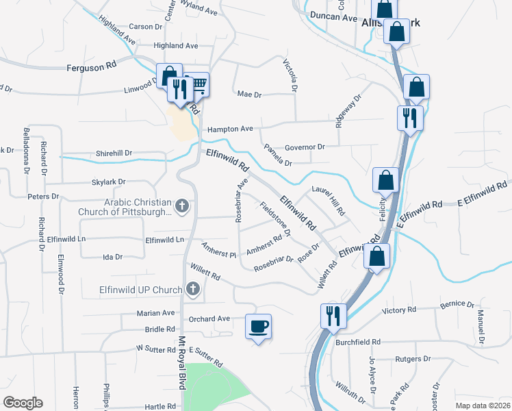 map of restaurants, bars, coffee shops, grocery stores, and more near 102 Fieldstone Drive in Glenshaw