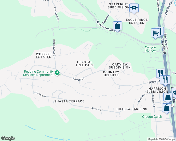 map of restaurants, bars, coffee shops, grocery stores, and more near 2717 Crystal Tree Drive in Redding