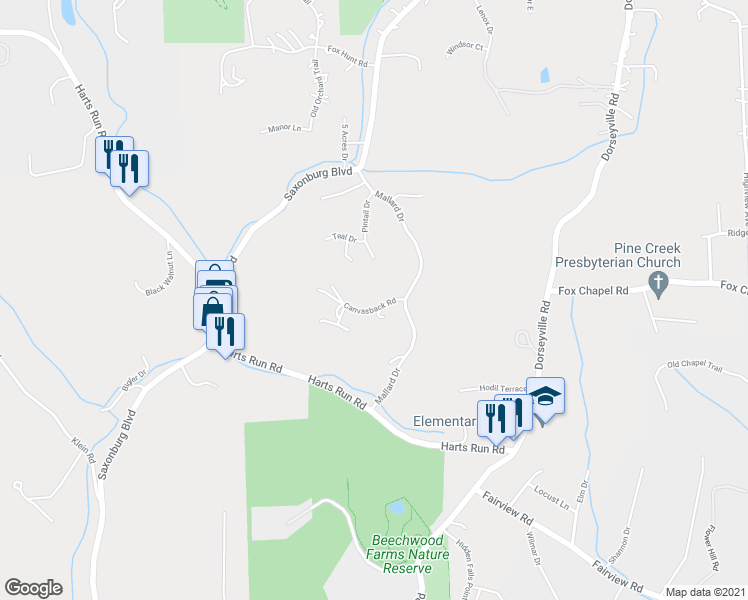map of restaurants, bars, coffee shops, grocery stores, and more near 102 Canvasback Road in Pittsburgh