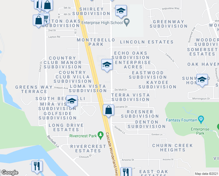 map of restaurants, bars, coffee shops, grocery stores, and more near 3872 Churn Creek Road in Redding
