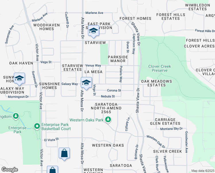 map of restaurants, bars, coffee shops, grocery stores, and more near 2365 Galaxy Way in Redding