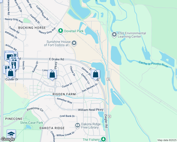 map of restaurants, bars, coffee shops, grocery stores, and more near 2932 Denver Drive in Fort Collins