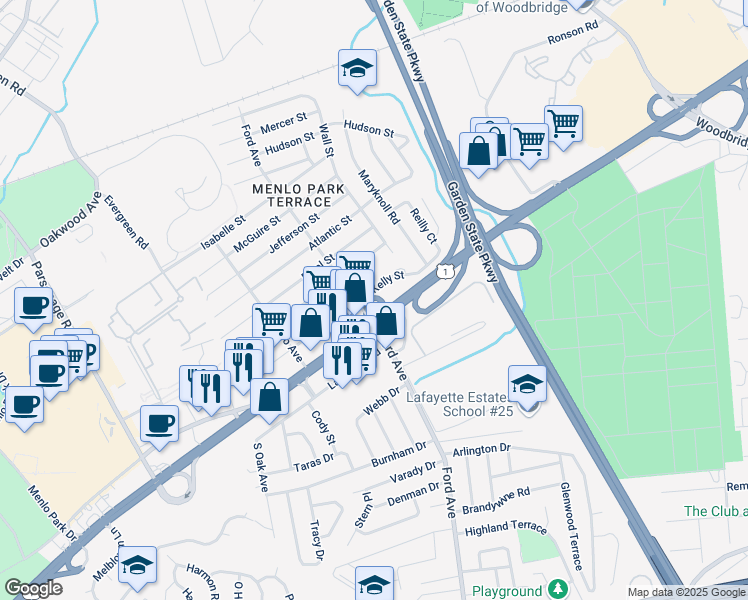 map of restaurants, bars, coffee shops, grocery stores, and more near 156 West Kelly Street in Metuchen