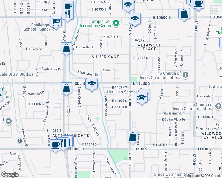 map of restaurants, bars, coffee shops, grocery stores, and more near 896 East 11025 South in Sandy