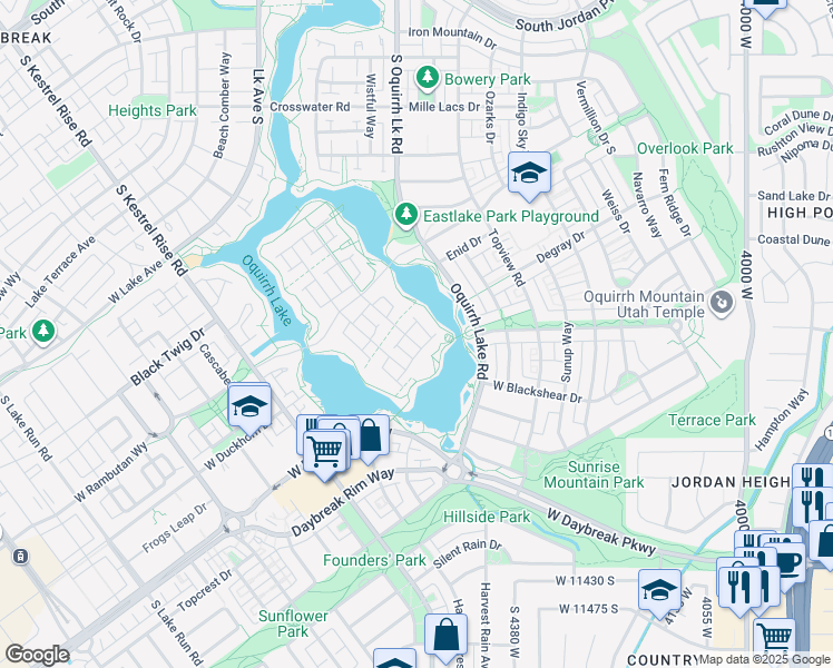 map of restaurants, bars, coffee shops, grocery stores, and more near 11043 Lake Island Drive in South Jordan