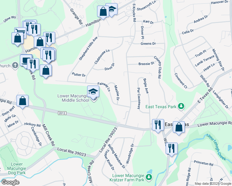 map of restaurants, bars, coffee shops, grocery stores, and more near 1430 Mashie Drive in Wescosville