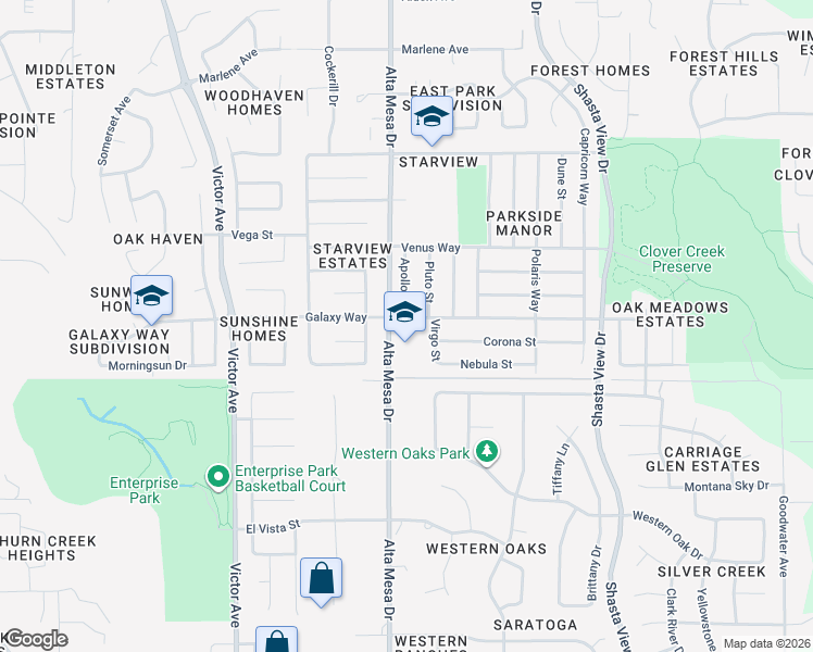 map of restaurants, bars, coffee shops, grocery stores, and more near 2237 Galaxy Way in Redding
