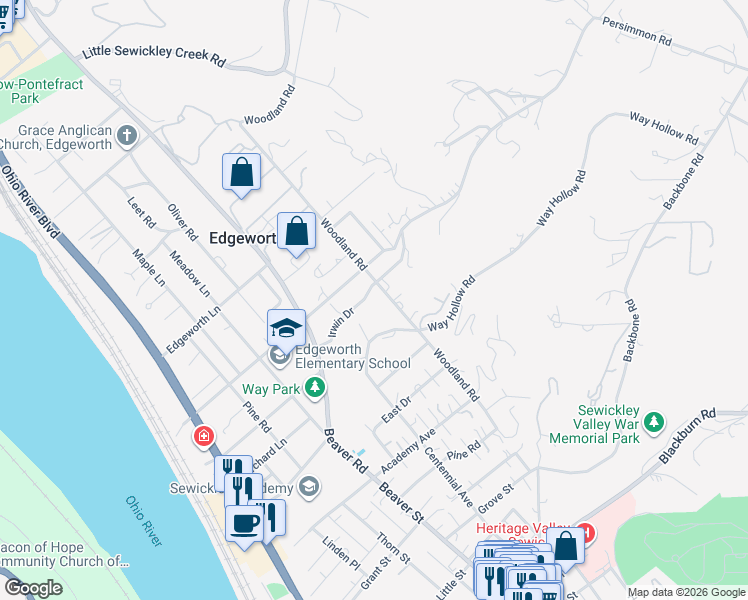 map of restaurants, bars, coffee shops, grocery stores, and more near 538 Irwin Dr in Sewickley