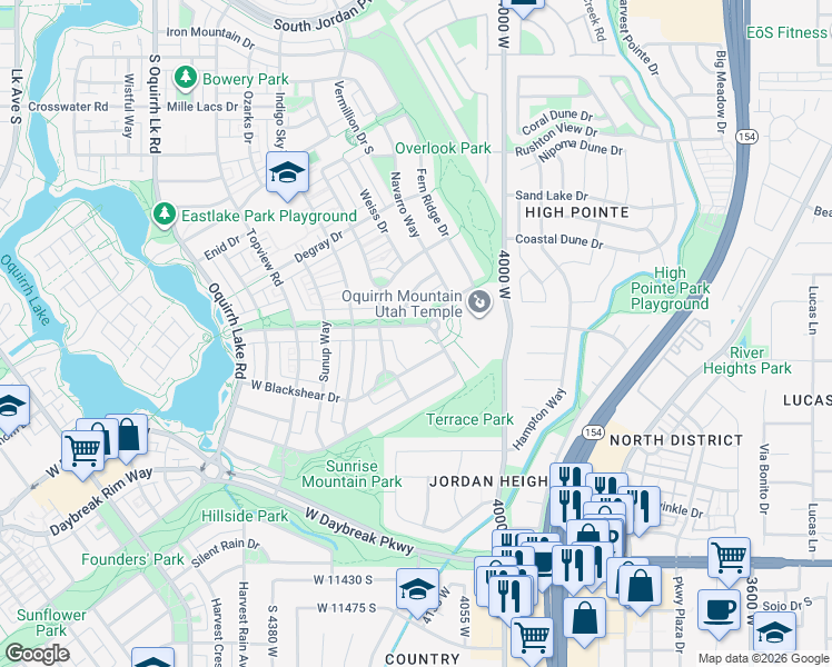 map of restaurants, bars, coffee shops, grocery stores, and more near 4153 Lake Bridge Drive in South Jordan