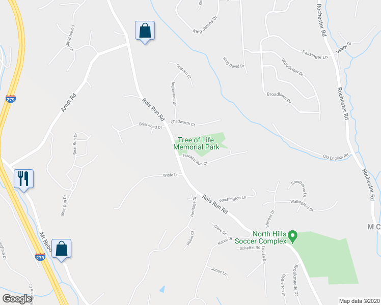 map of restaurants, bars, coffee shops, grocery stores, and more near 1803 Franklin Run Court in Pittsburgh
