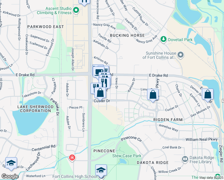 map of restaurants, bars, coffee shops, grocery stores, and more near 2707 Iowa Drive in Fort Collins