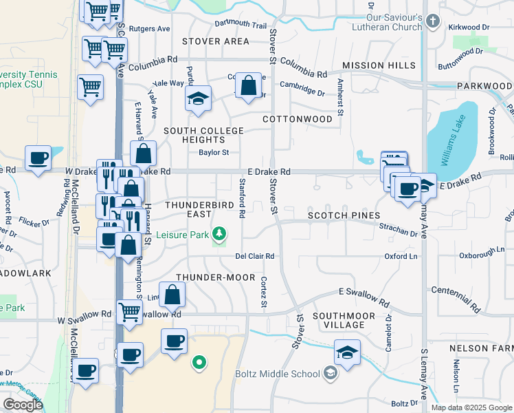 map of restaurants, bars, coffee shops, grocery stores, and more near 2700 Stanford Road in Fort Collins
