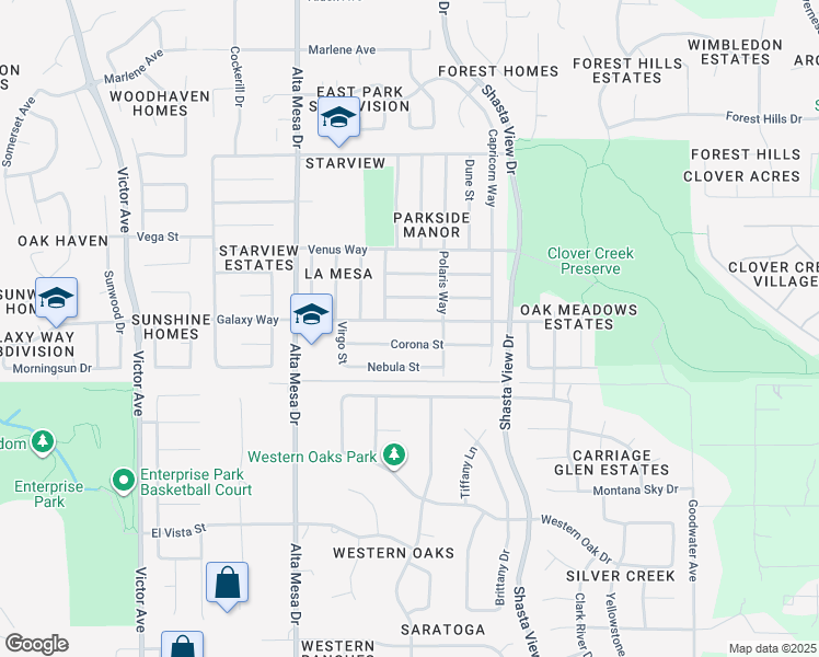 map of restaurants, bars, coffee shops, grocery stores, and more near 2365 Galaxy Way in Redding