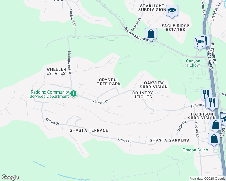 map of restaurants, bars, coffee shops, grocery stores, and more near 2717 Crystal Tree Drive in Redding