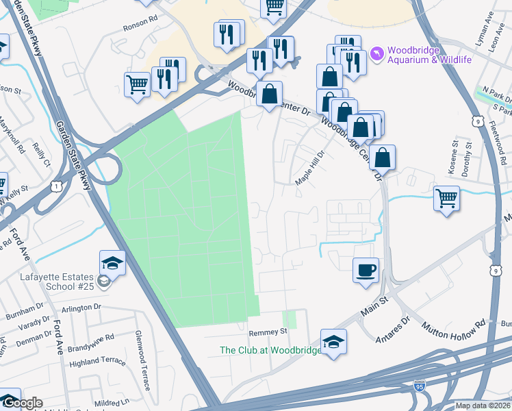 map of restaurants, bars, coffee shops, grocery stores, and more near 100 Highview Drive in Woodbridge Township