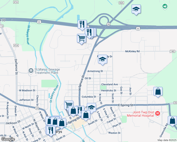 map of restaurants, bars, coffee shops, grocery stores, and more near 704 North Spruce Street in Saint Marys