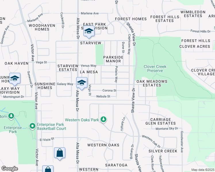map of restaurants, bars, coffee shops, grocery stores, and more near 2365 Galaxy Way in Redding