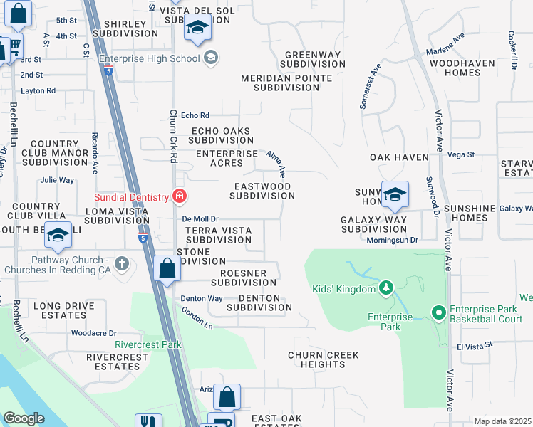 map of restaurants, bars, coffee shops, grocery stores, and more near 1248 De Moll Drive in Redding
