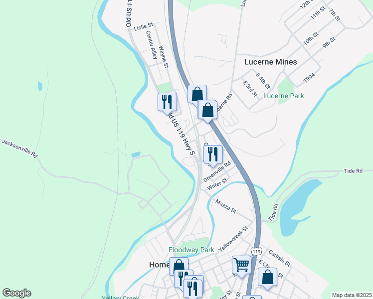 map of restaurants, bars, coffee shops, grocery stores, and more near 2816 Old US 119 Highway South in Homer City