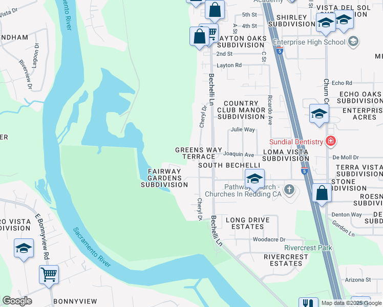 map of restaurants, bars, coffee shops, grocery stores, and more near 3886 Cheryl Drive in Redding