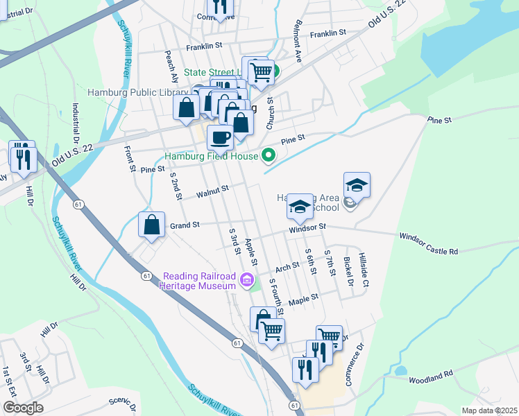 map of restaurants, bars, coffee shops, grocery stores, and more near 257 South Fourth Street in Shoemakersville