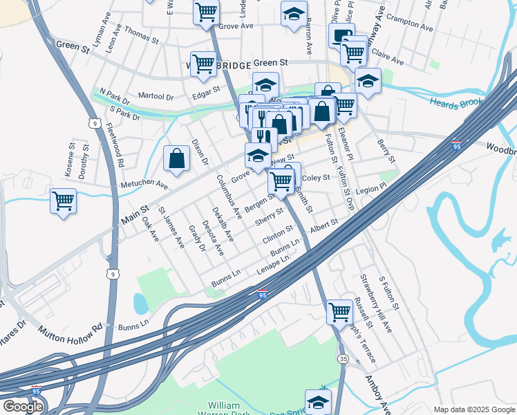 map of restaurants, bars, coffee shops, grocery stores, and more near 159 Bergen Street in Woodbridge Township
