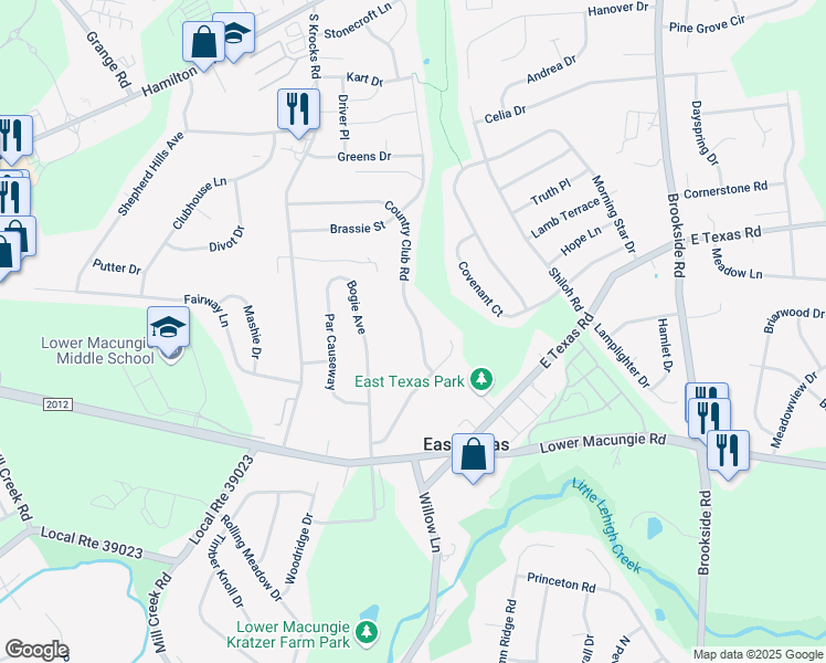 map of restaurants, bars, coffee shops, grocery stores, and more near 1536 Country Club Road in Allentown